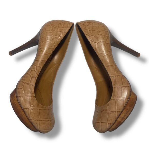Tory Burch Women Tan Brown Croc Embossed Leather Platform Pumps Heels Size 8 M - Picture 10 of 16